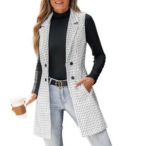 Women Grid Print Double-Breasted Sleeveless Blazer Size XL